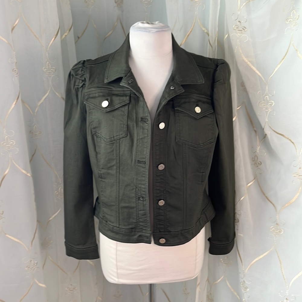 WHBM Green Puff Shoulder Denim Jacket